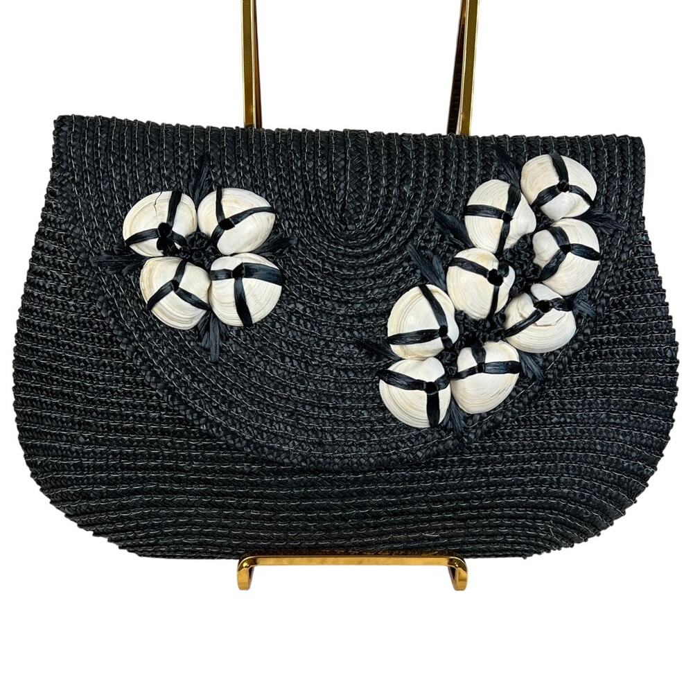 Y2K Vintage Felix Rey Black Straw Clutch Bag Purse Seashells Coastal Boho Summer